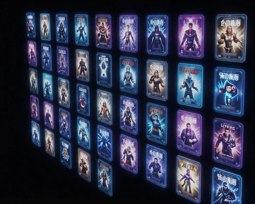 AtlasPlay Library digital deck concept - holographic game cards organized in a futuristic library interface